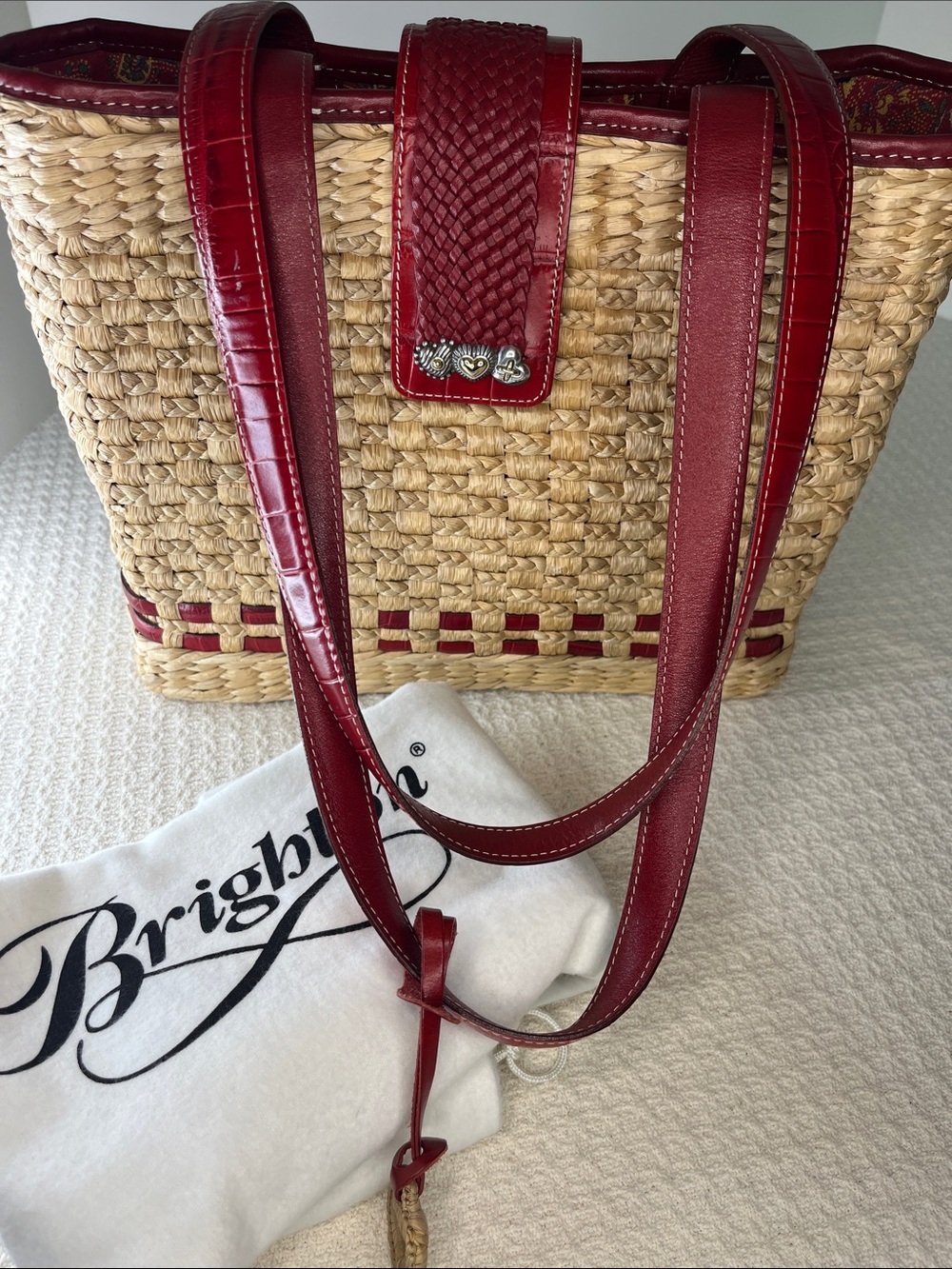 Brighton Woven 12"by 12" tote bag, clean paisley interior & clean straw exterior